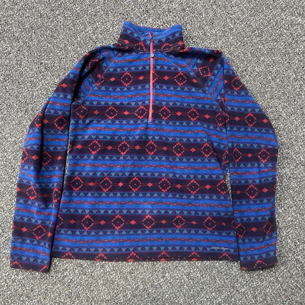 Eddie Bauer Quarter Zip Up Fleece Patterned Pullover Womans Medium Purple Red